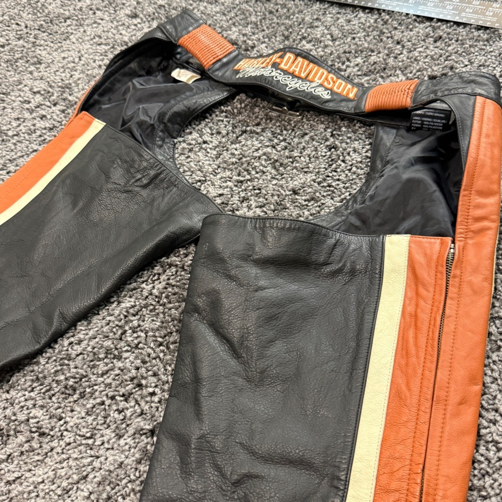 Biker Harley-Davidson Leather Chaps Womens Black Orange Excellent 98146-09VW L